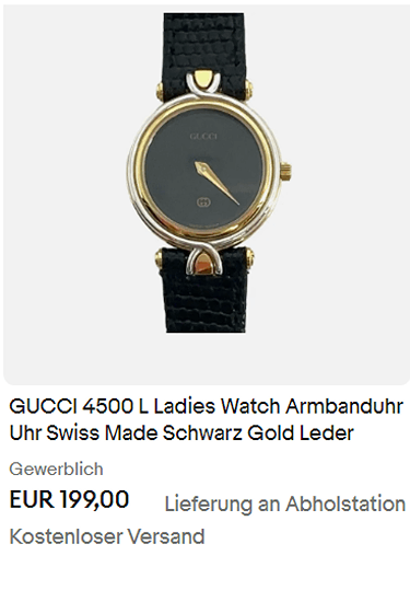 Brotkrümel Uhren & Schmuck Uhren, -teile & -zubehör Armband- & Taschenuhren Armbanduhren Teilen | Auf die Beobachtungsliste Bild 1 von 8 Sie haben so einen Artikel? Gebührenfrei verkaufen GUCCI 4500 L Ladies Watch Armbanduhr Uhr Swiss Made Schwarz Gold Leder