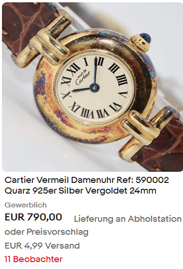 Cartier Vermeil Damenuhr Ref: 590002 Quarz 925er Silber Vergoldet 24mm