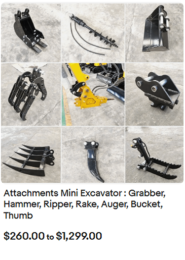 Attachments Mini Excavator : Grabber, Hammer, Ripper, Rake, Auger, Bucket, Thumb