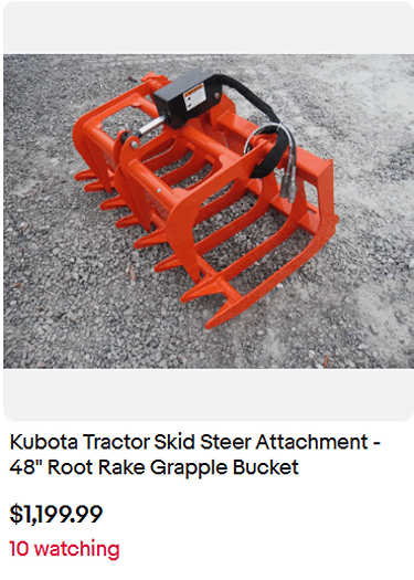 Kubota Tractor Skid Steer Attachment - 48" Root Rake Grapple Bucket