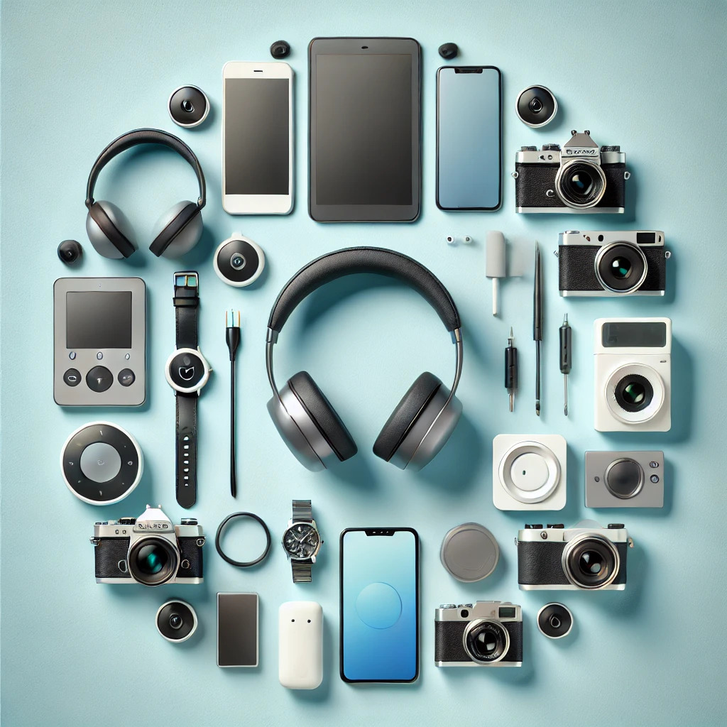 modern-electronic-devices-including-a-headset-smart-tech-gadgets-cameras-and-smartphones-arranged-