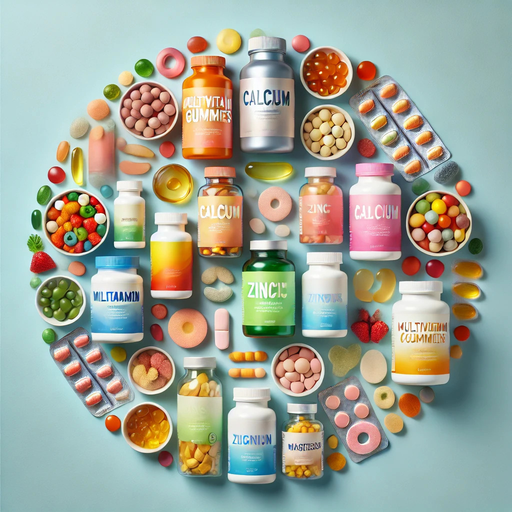 collection-of-dietary-food-supplements-and-nutritional-products.-Include-multivitamin-gummies-calcium-zinc-and-magnesium