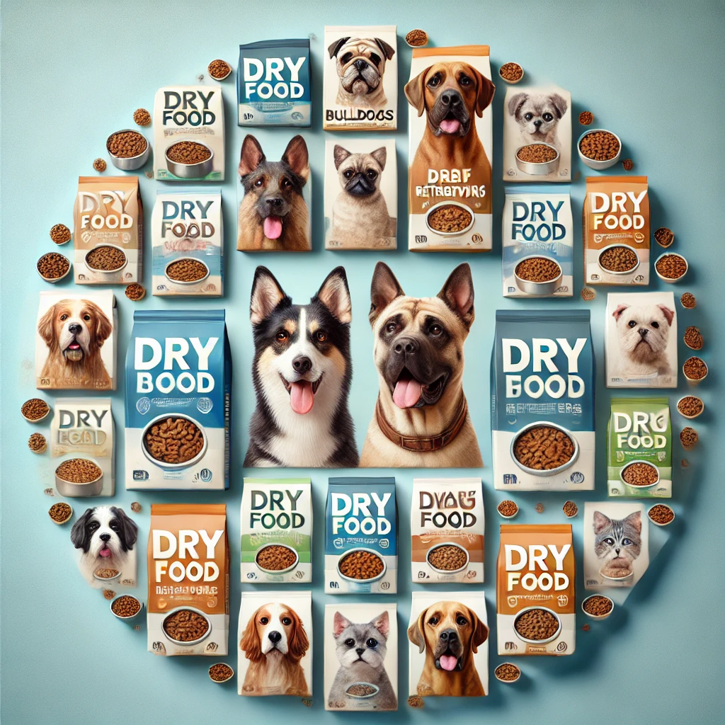 please generate circular picture collage featuring breed-specific dry dog food designed for various dog breeds, including bulldogs, retrievers, dwarf dogs, herding dogs , please i need light blue background and professional design