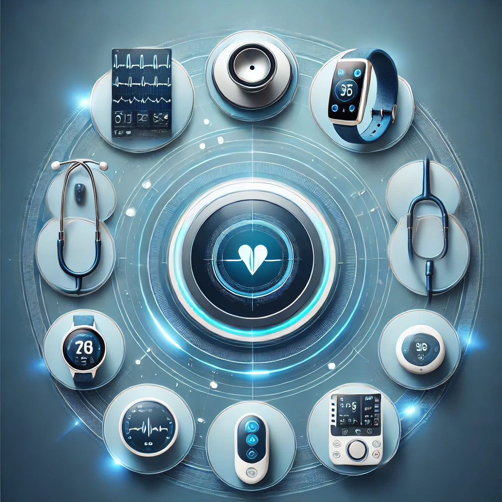 variety-of-modern-medical-devices-on-a-blue-light-background.-The-devices-such-as-a-digital-stethoscope