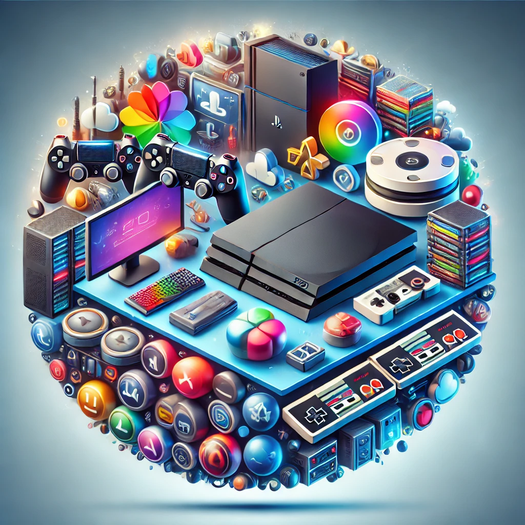 DALL·E 2024-10-26 20.30.22 - A circular picture featuring computer games, a PlayStation console, a Nintendo console, and web hosting elements such as server icons or cloud storage