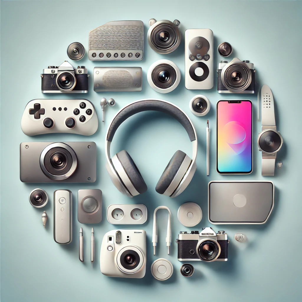 circular image featuring a selection of modern electronic devices, including a headset, smart tech gadgets, cameras, and smartphones,