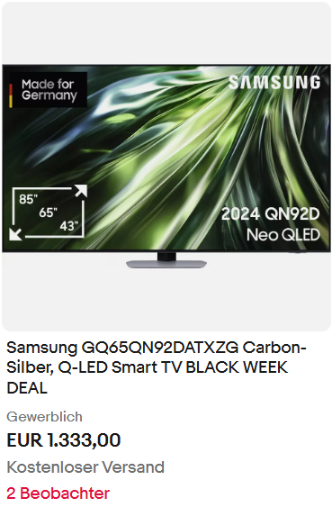 Samsung GQ65QN92DATXZG Carbon-Silber, Q-LED Smart TV BLACK WEEK DEAL