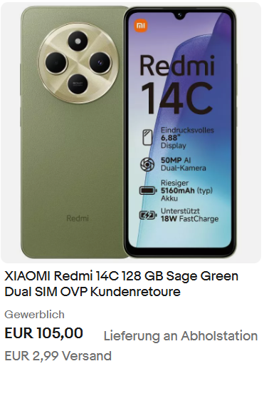 XIAOMI Redmi 14C 128 GB Sage Green Dual SIM OVP Kundenretoure